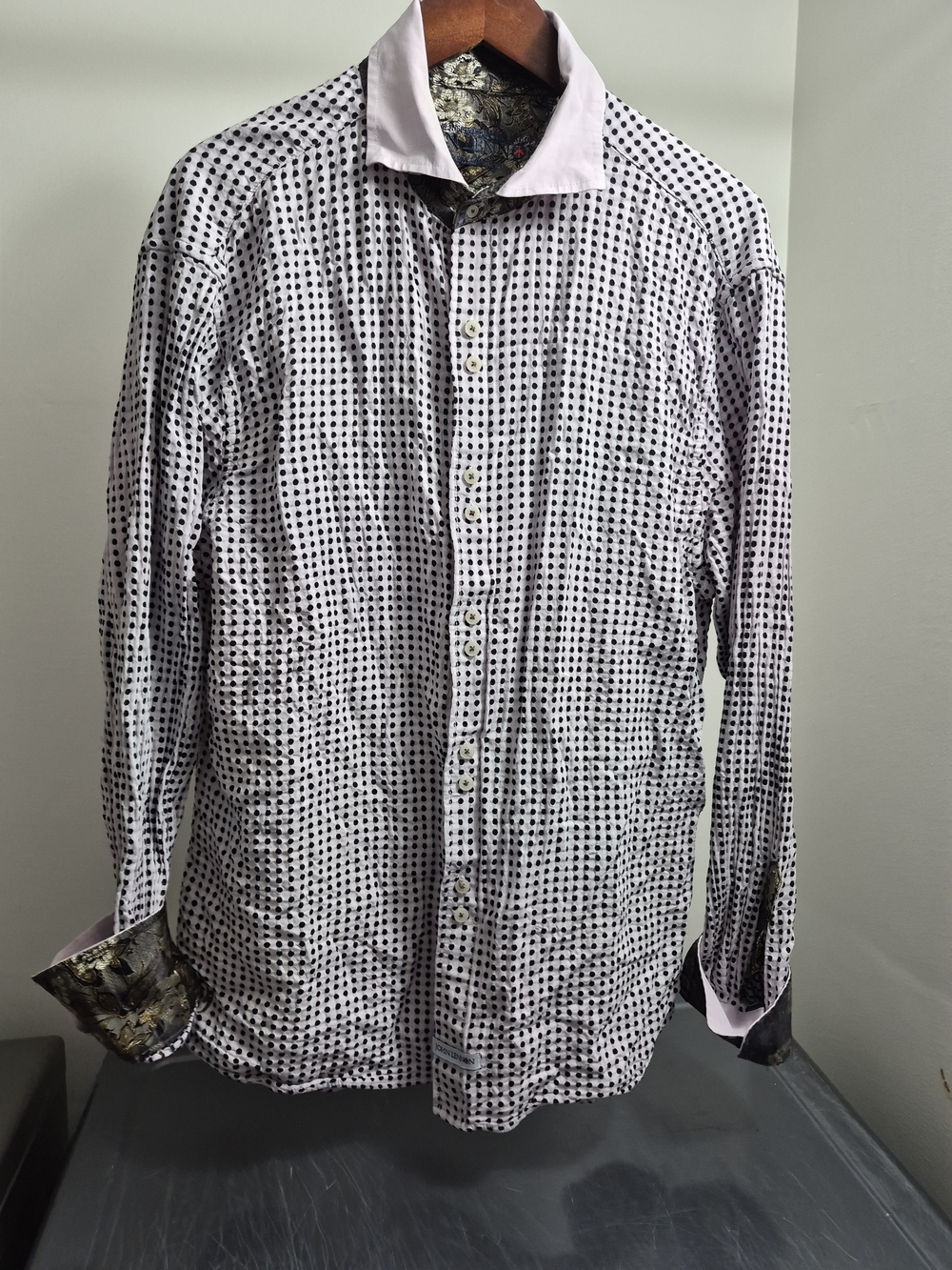 Jonh Lennon Design Men's Button-Up Shirt with Black Dot Grid on Light Pink